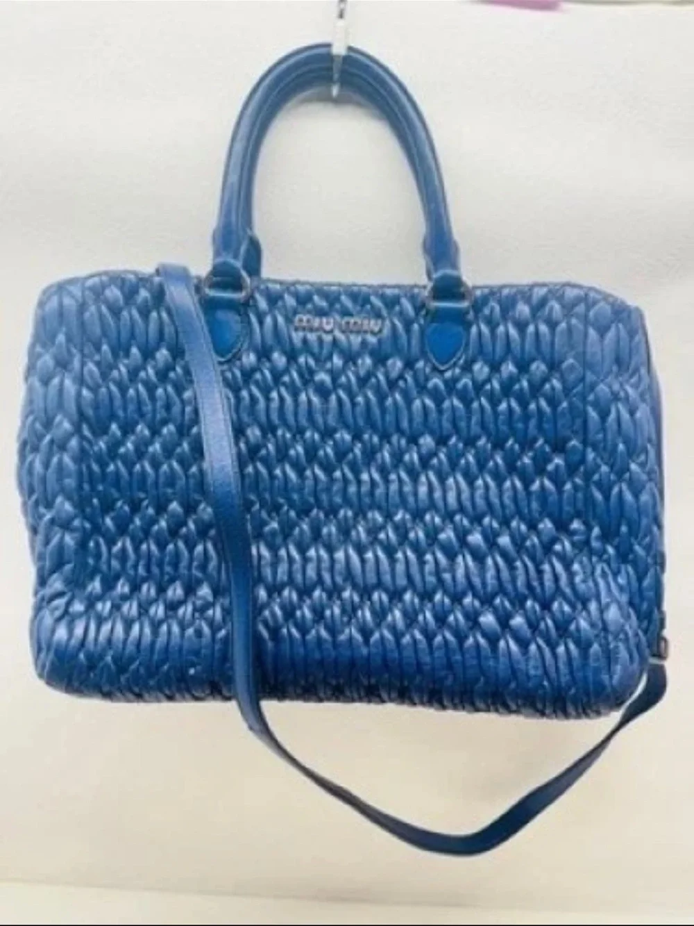 Miu Miu Quilted Blue Leather Satchel with Shoulder Strap